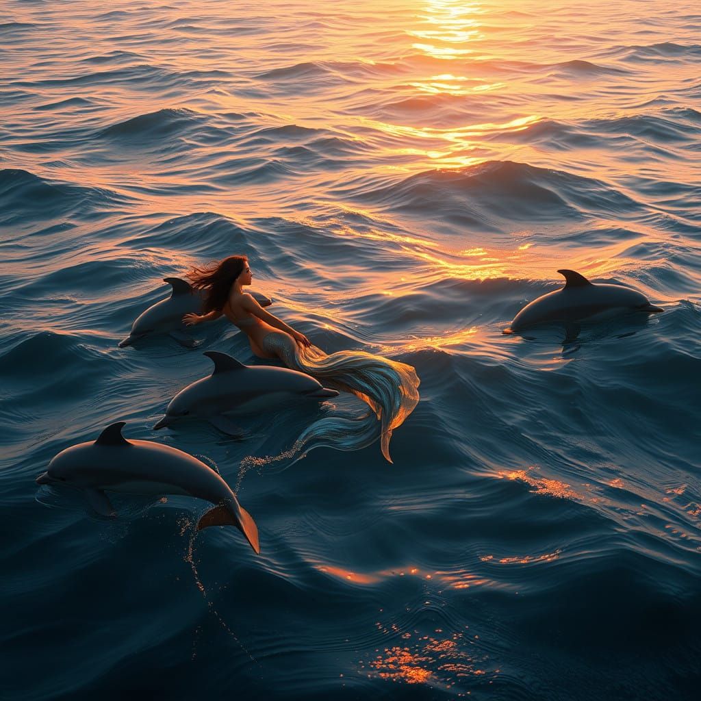 Woman Glides with Dolphins in Sunset's Golden Glow