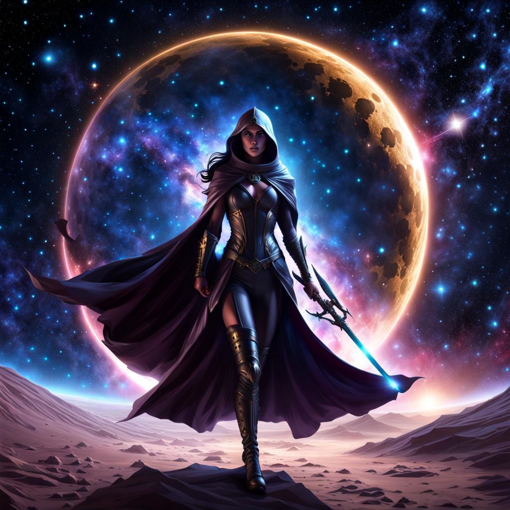 Cosmic Huntress Chasing Phantasms in Dreamy Darkness