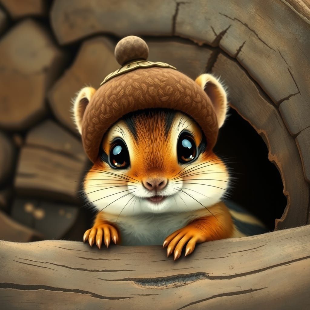 Whimsical Chipmunk in Woodpile, Storybook Illustration