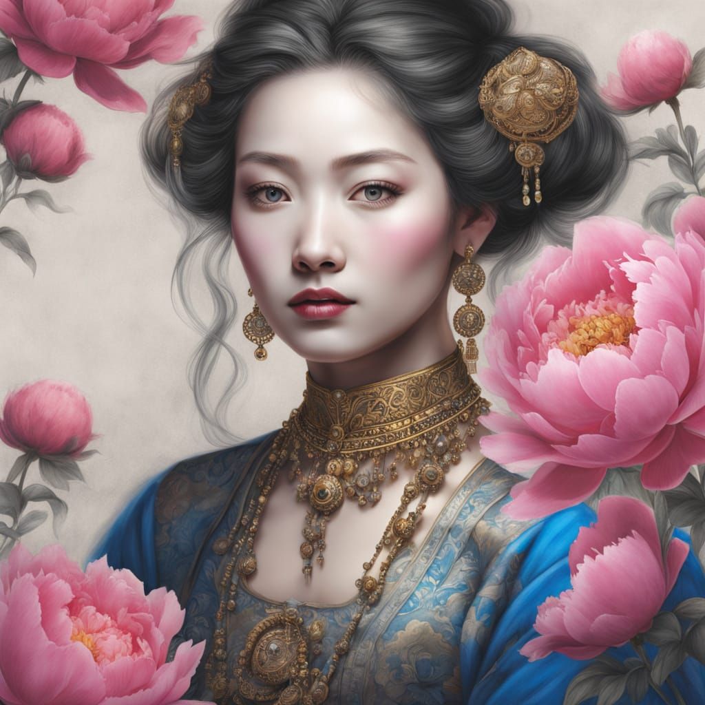 Woman with Chinese Makeup in Charcoal Drawing