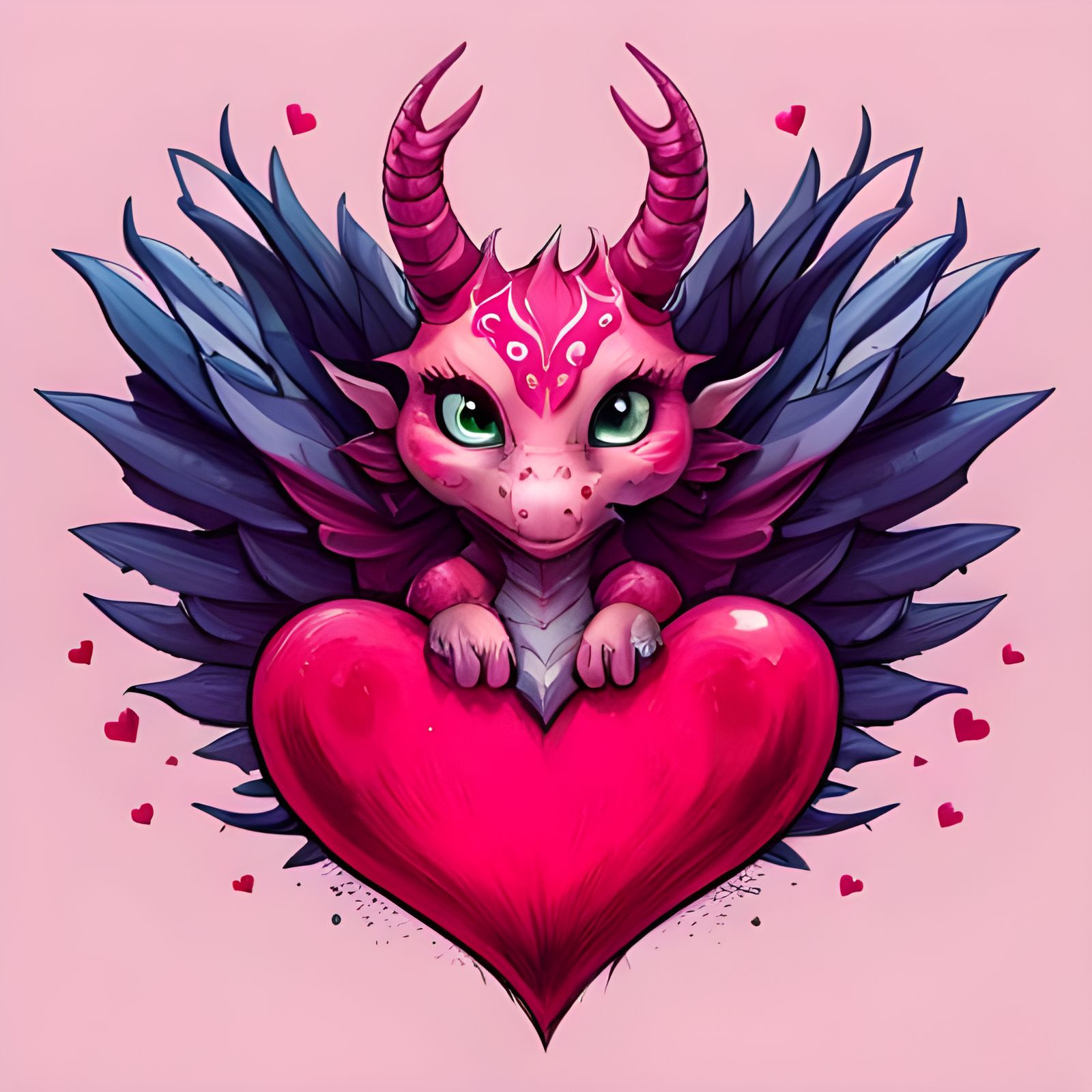 Adorable Dragon Portrait with Hearts, Whimsical Art