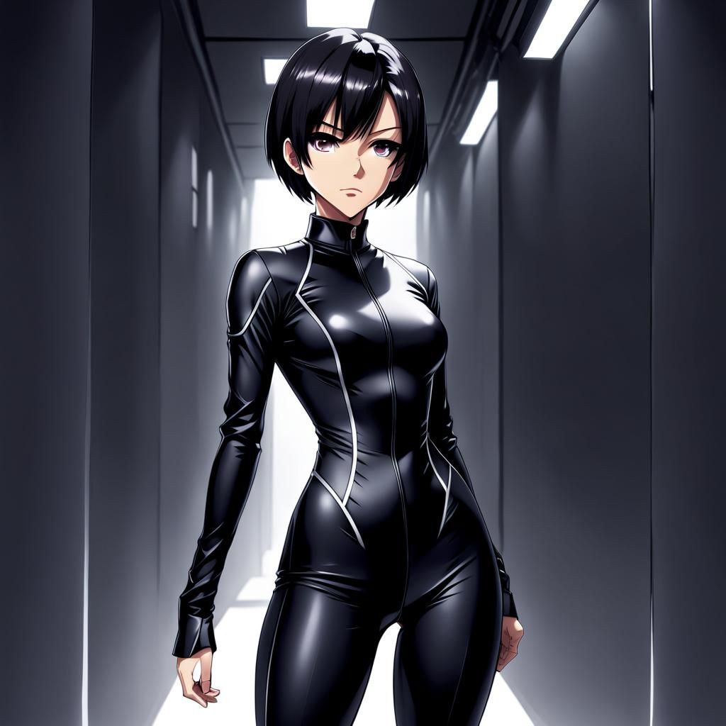 Anime Woman in Black Suit Hiding