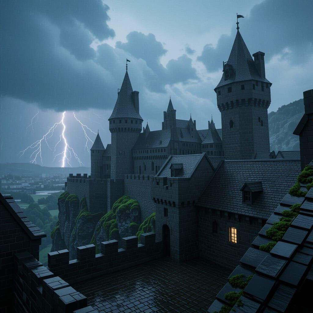 Medieval Castle on Cliff During Storm with Lightning
