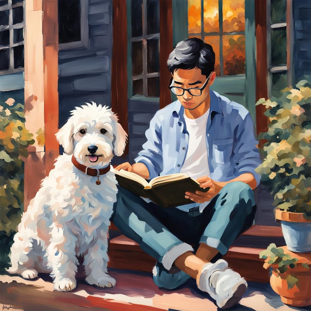 Evening Reading with Labradoodle: Gouache Impressionist Styl...