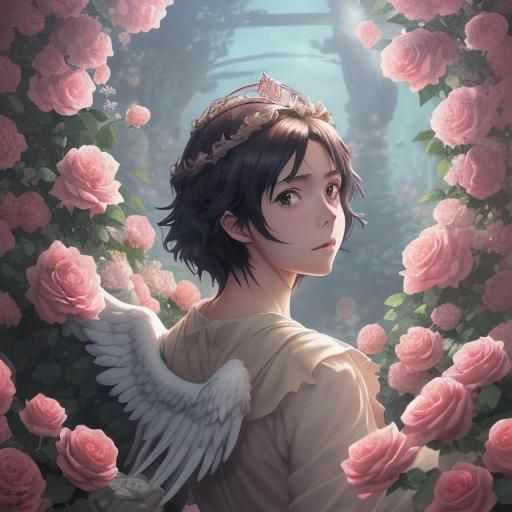 Anime Angel with Rose Crown, Ghibli Style