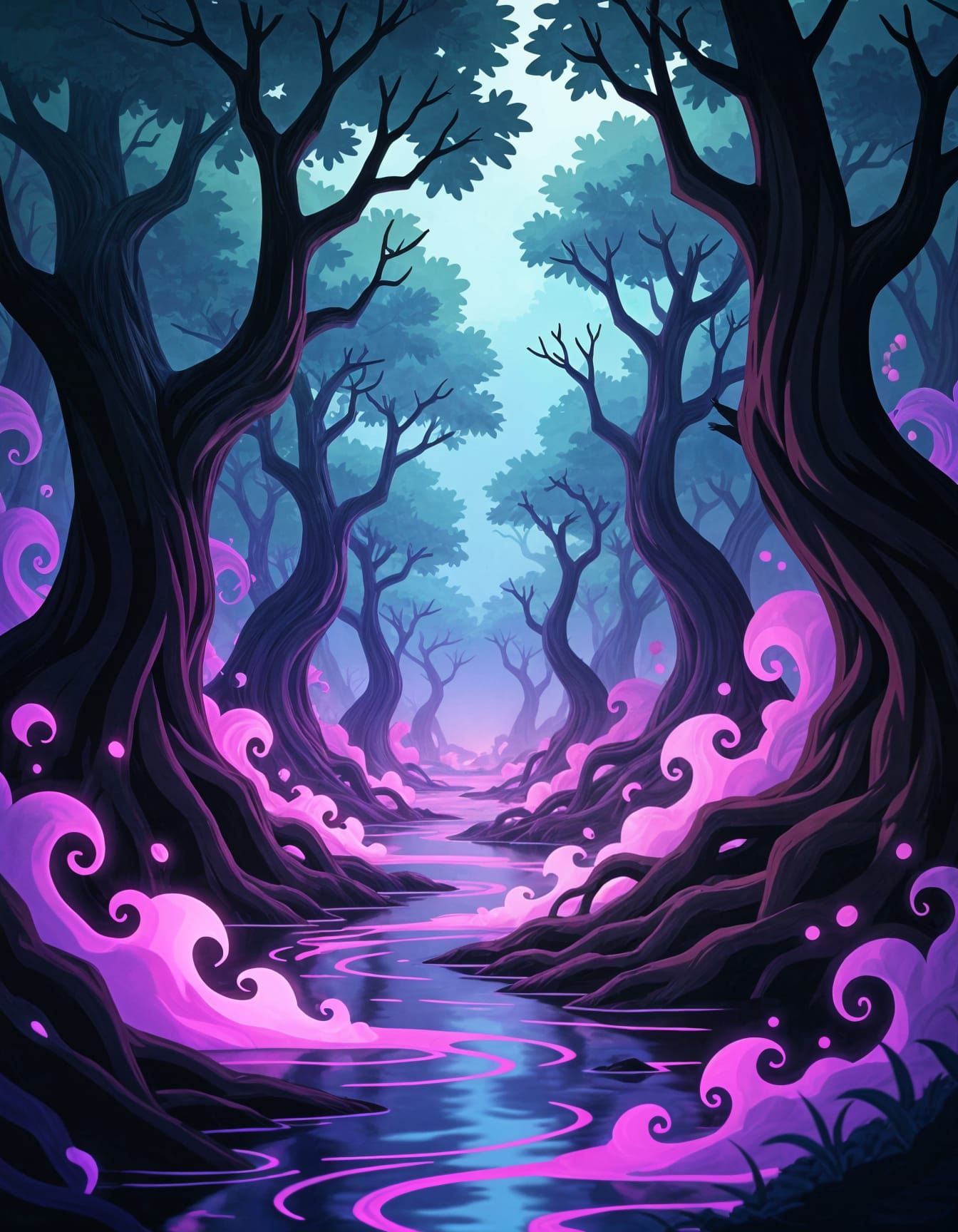 Shonen Anime Swamp Scene with Eerie Glowing Mist