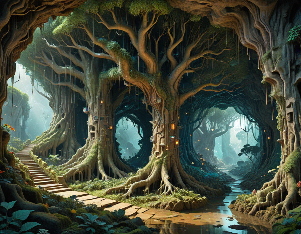 Whimsical Underground Metropolis Beneath a Petrified Giant