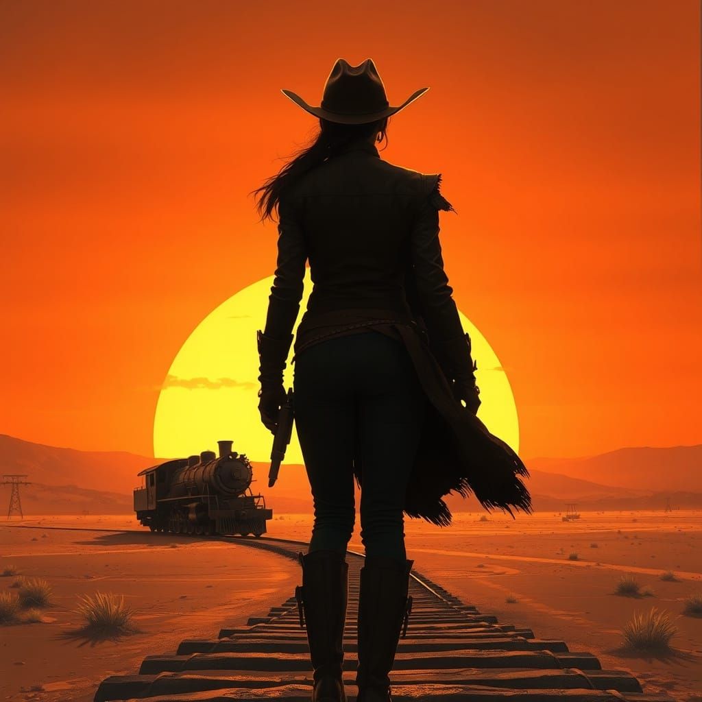 Cowgirl Sunset Silhouette Over Desert with Ghost Train