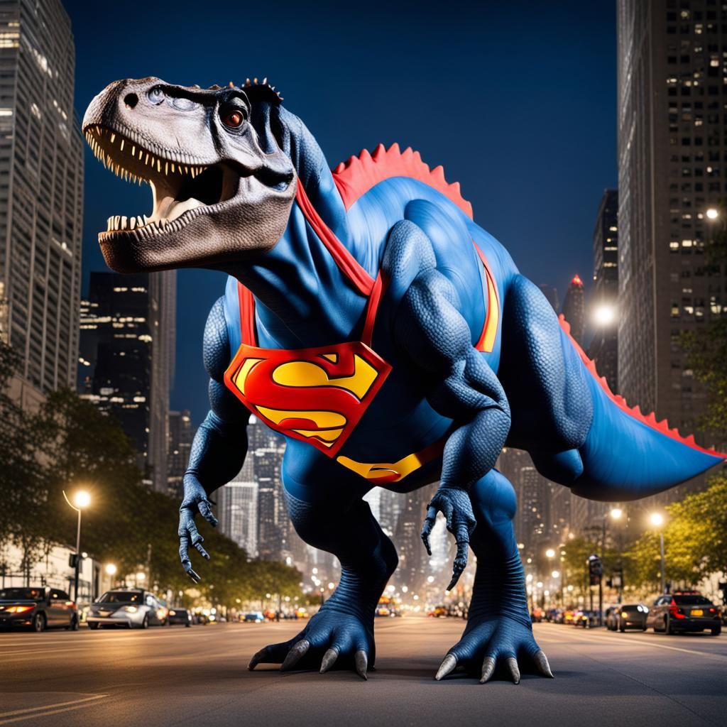 T-Rex Superman Soars Through City Night