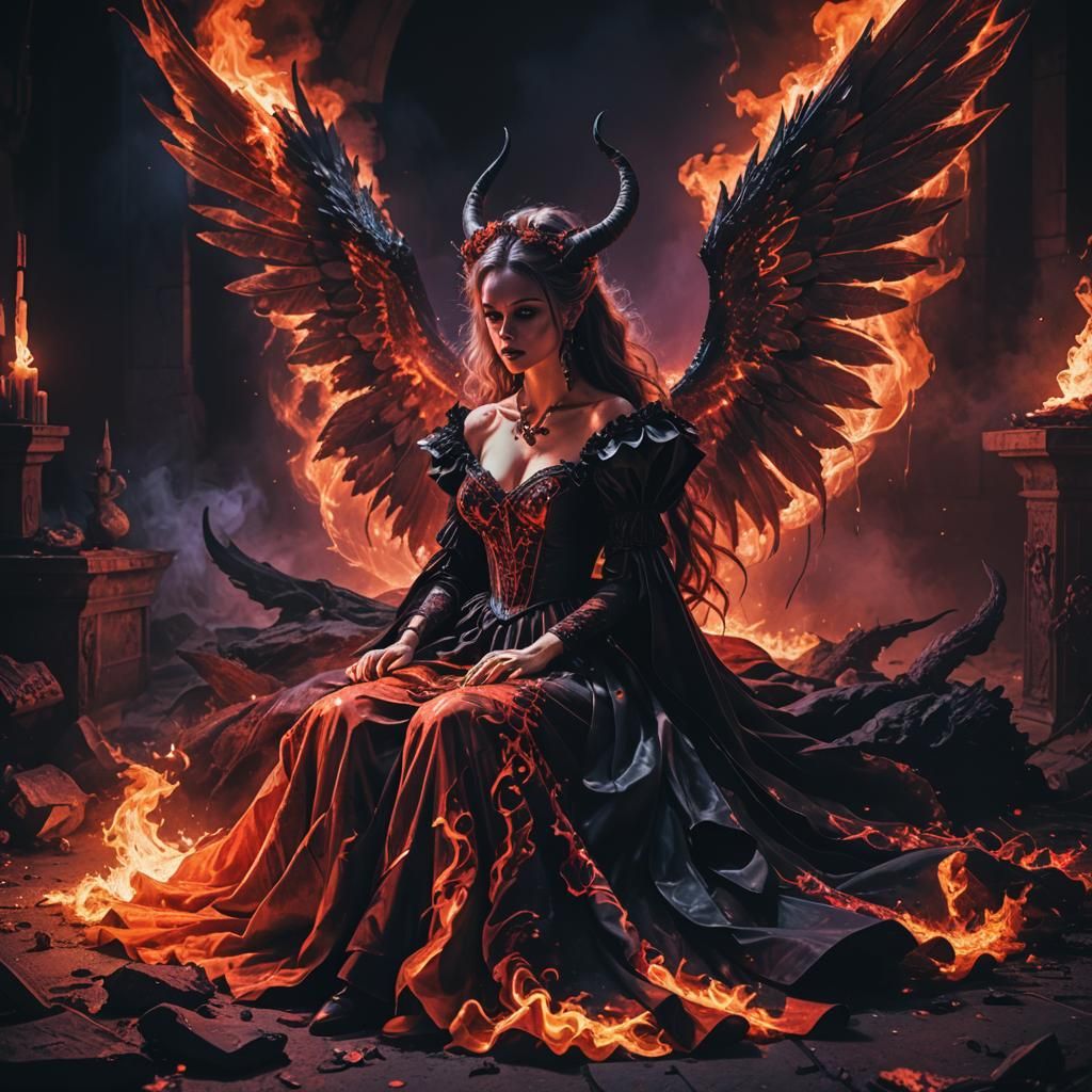 Dark Fantasy Witch with Burning Wings in Synthwave Style