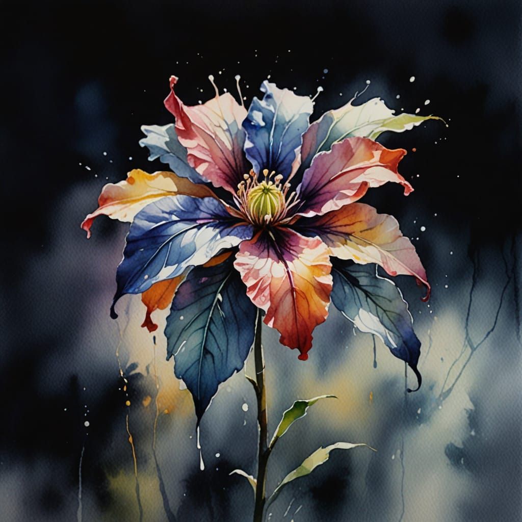 Vibrant Flower Wilting on Wet Paper, Expressive Watercolor