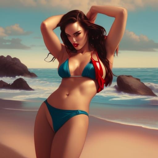 Attractive Pin-Up Girl on Beach in Digital Art Style
