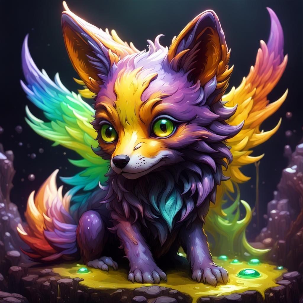 Rainbow Toxic Slime Fox Pup in Dark Fantasy Art