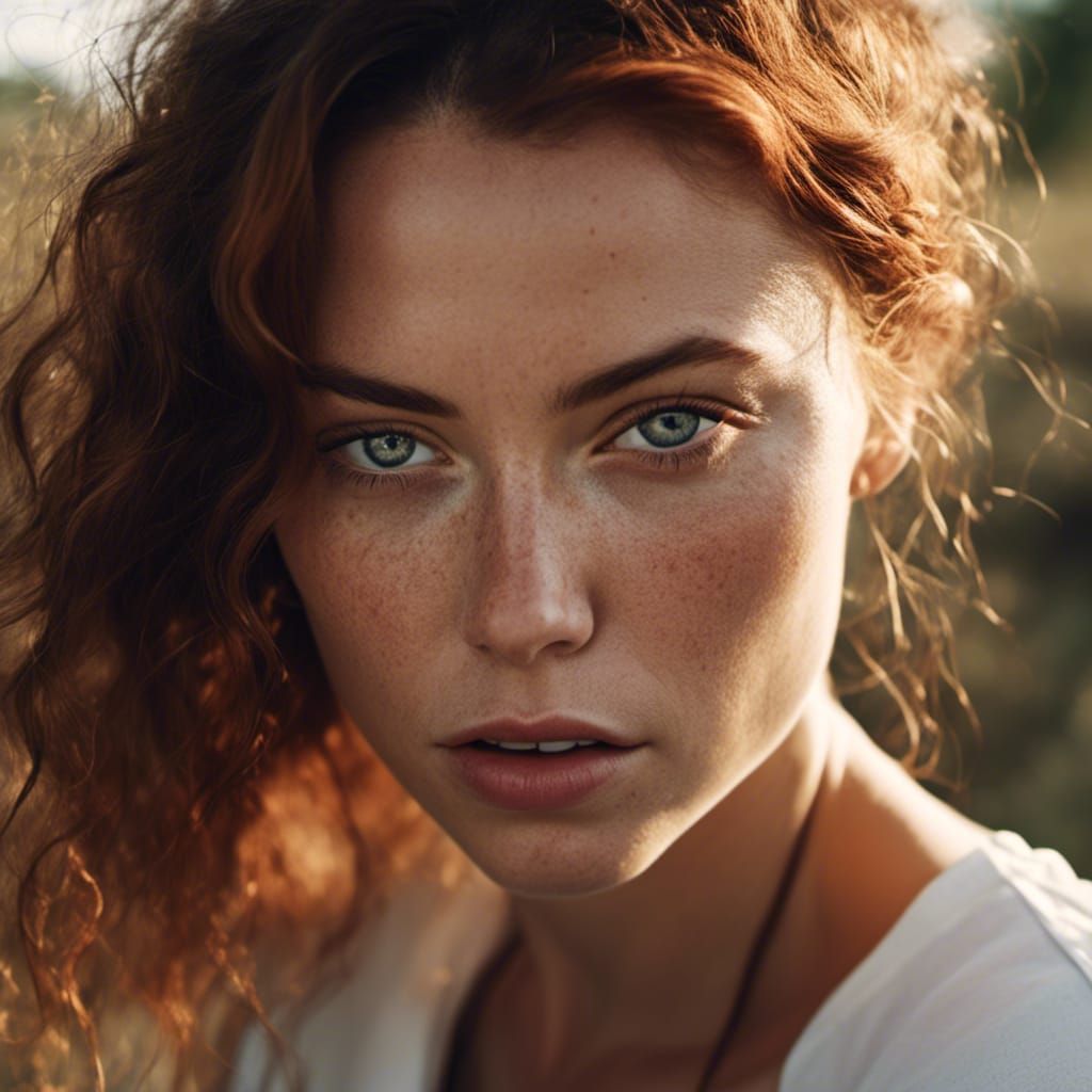 Realistic Portrait of Redhead with Freckles