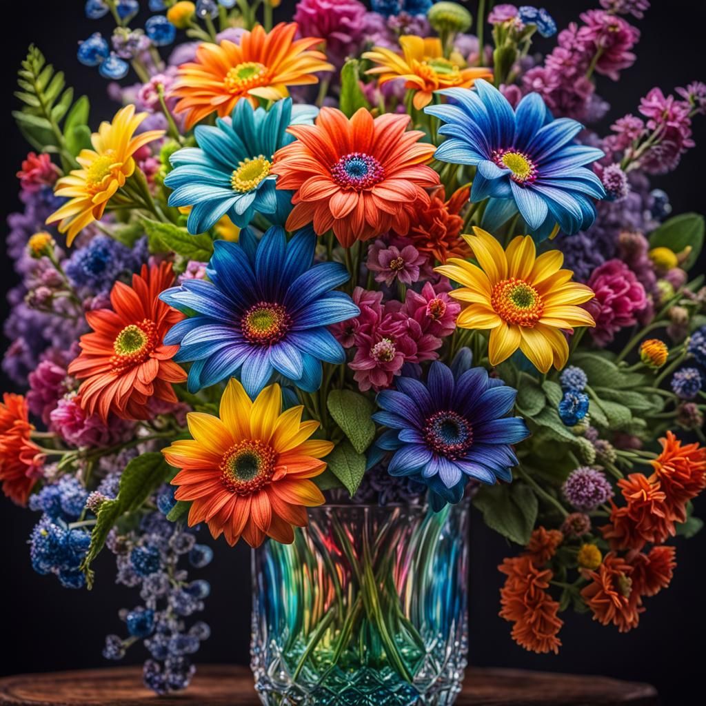 Rainbow Summer Flowers in Ornate Glass Vase