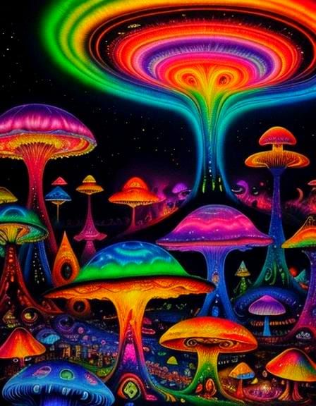 Psychedelic Mushroom Landscape in 60s Poster Art Style