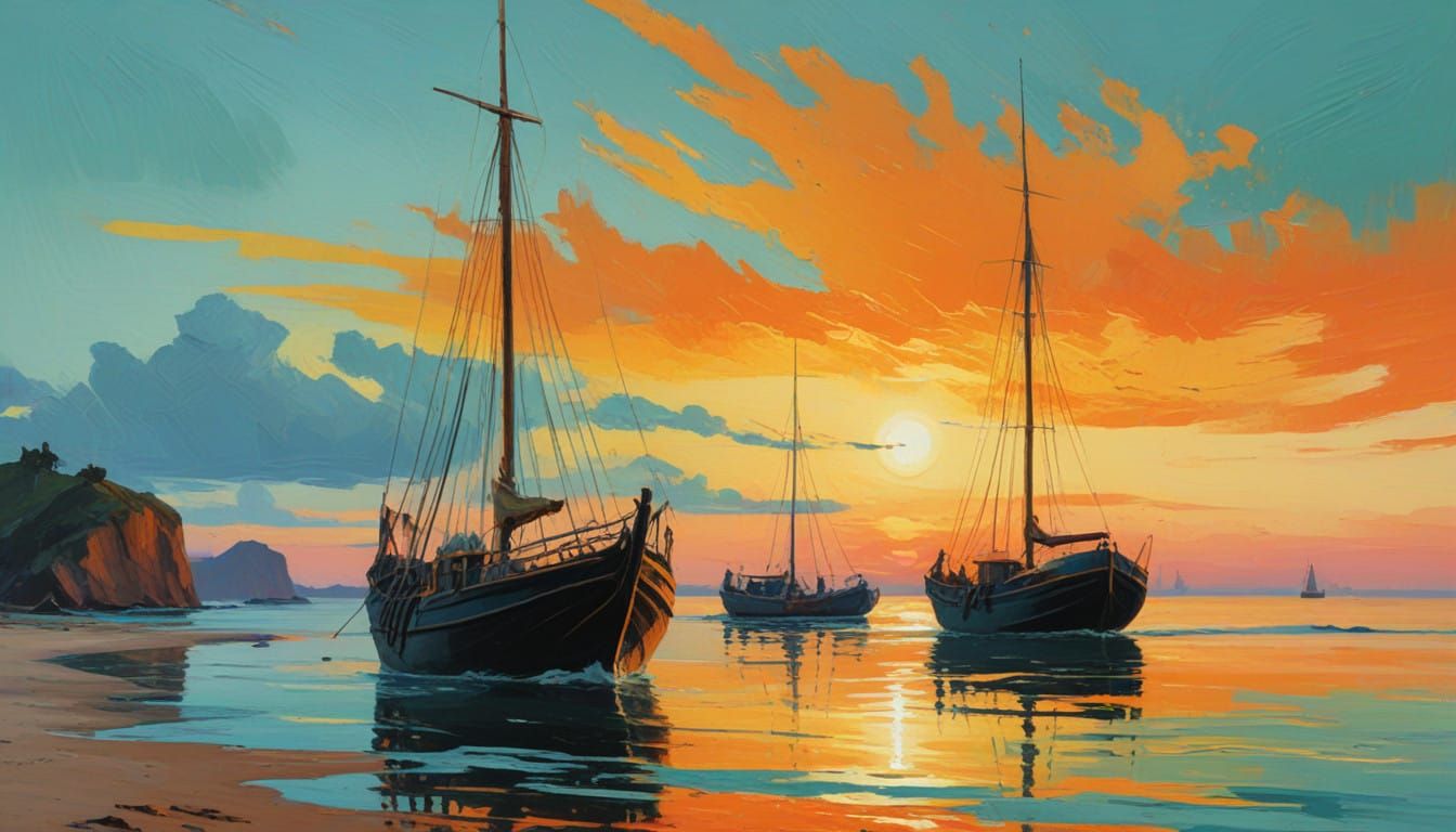 Vibrant Beach Scene in Post-Impressionist Style