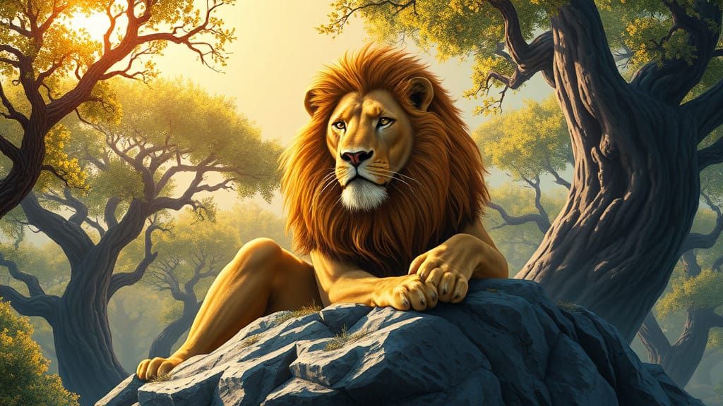 Majestic Golden Lion in Enchanted Forest Glade