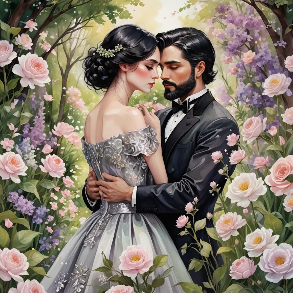 Romantic Couple in Ethereal Garden, Digital Illustration
