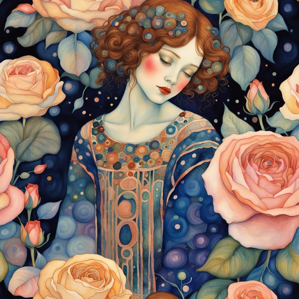 Photoluminescent Rose Garden Girl: Klimt-Inspired Dreamscape