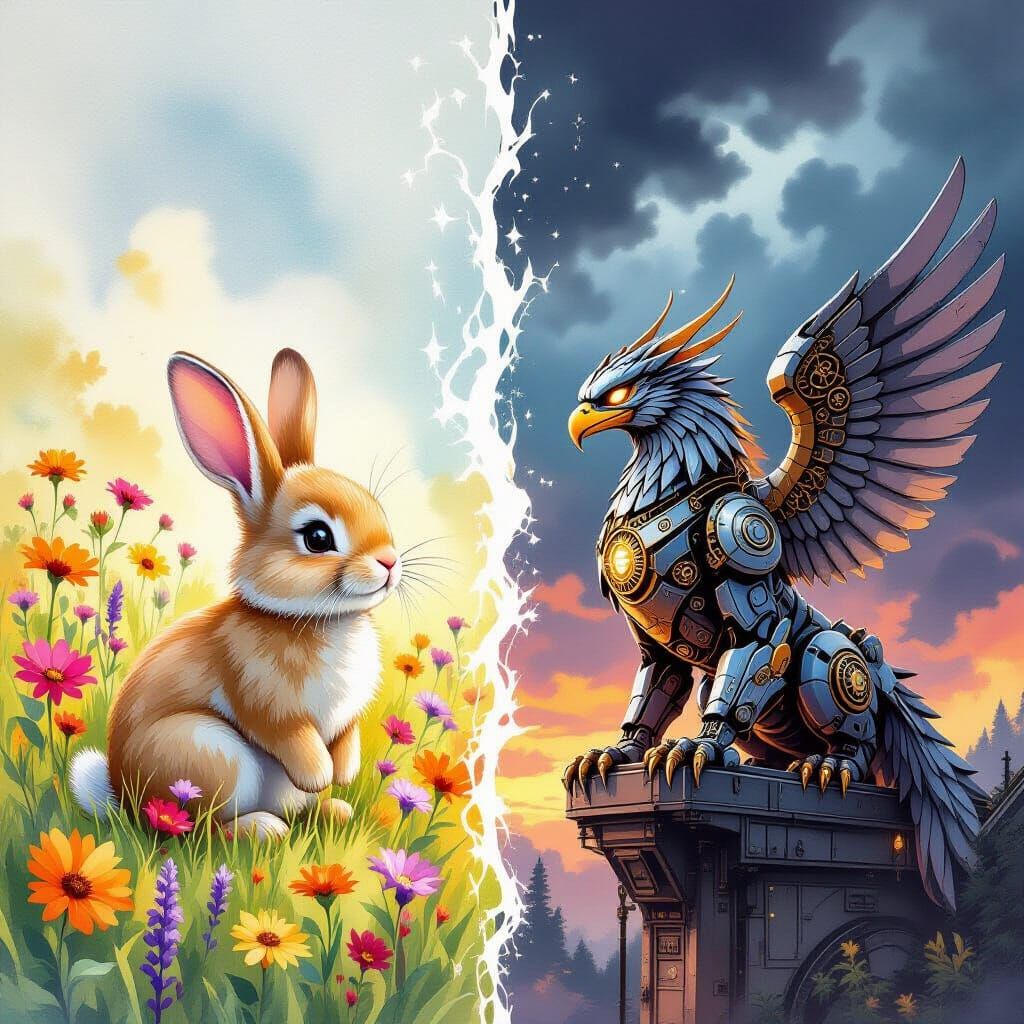 Bunny Meets Steampunk Griffin in Divided Watercolor Concept
