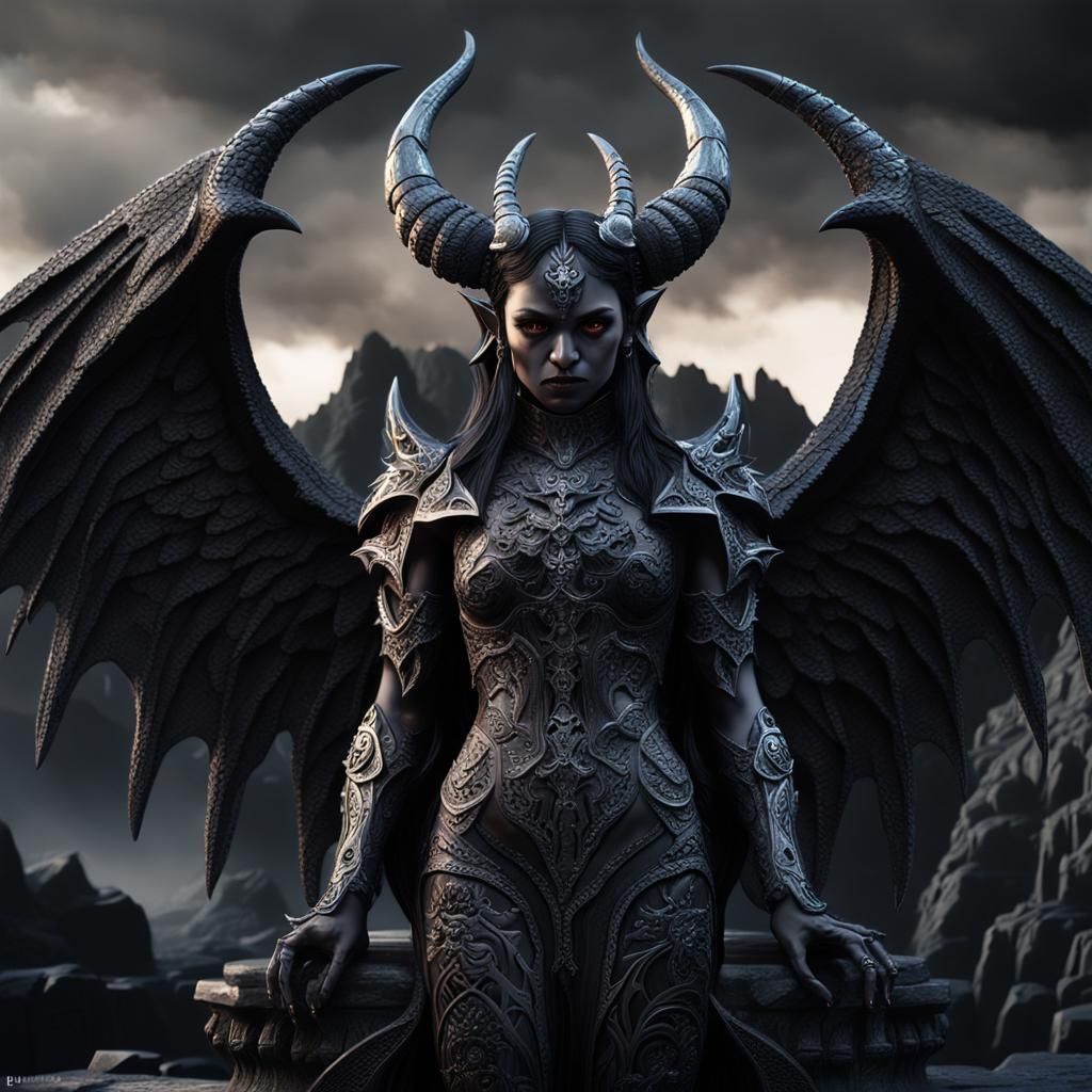 Horned Demon with Quartz Skin in Hyperrealistic Style