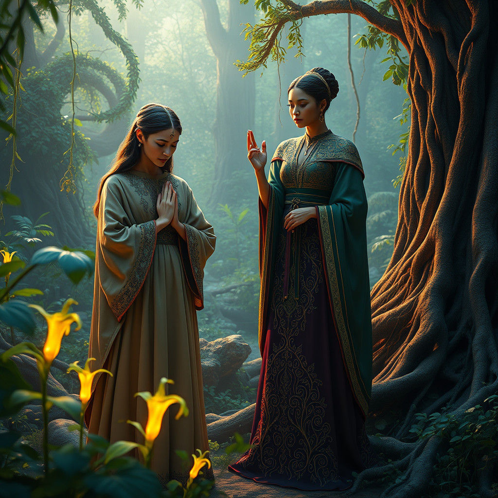 Rachel Pleads with Leah for Mandrakes in Ancient Forest