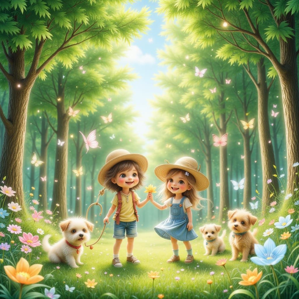 Children Playing with Puppies in Beatrix Potter Style