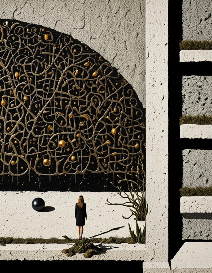 Surrealist Woman in Labyrinth Garden, Oil on Canvas