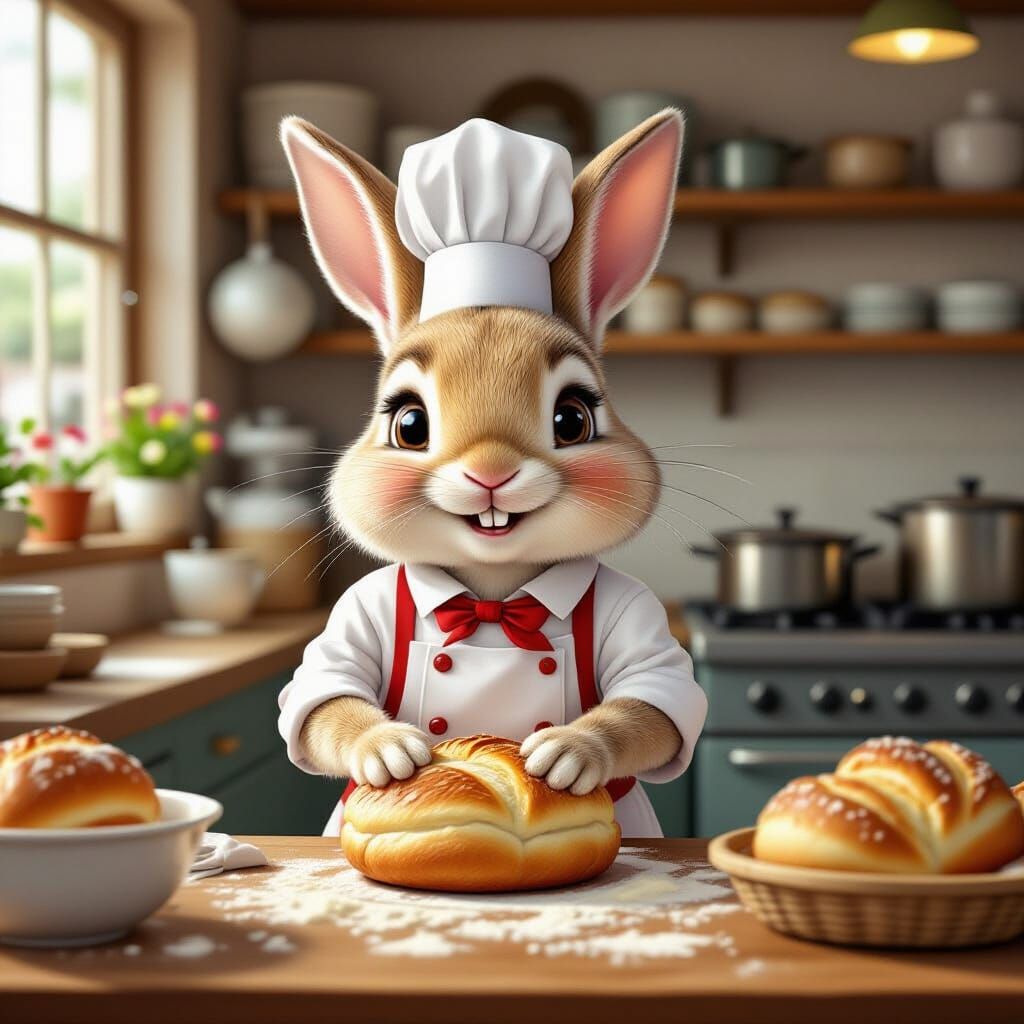 Adorable Rabbit Baker Creates Baps in Cozy Kitchen