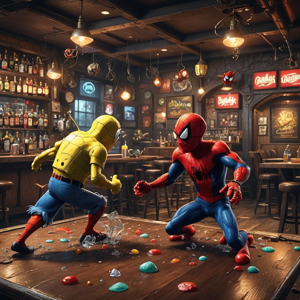SpongeBob and Spiderman: Bar Fight in Digital Art