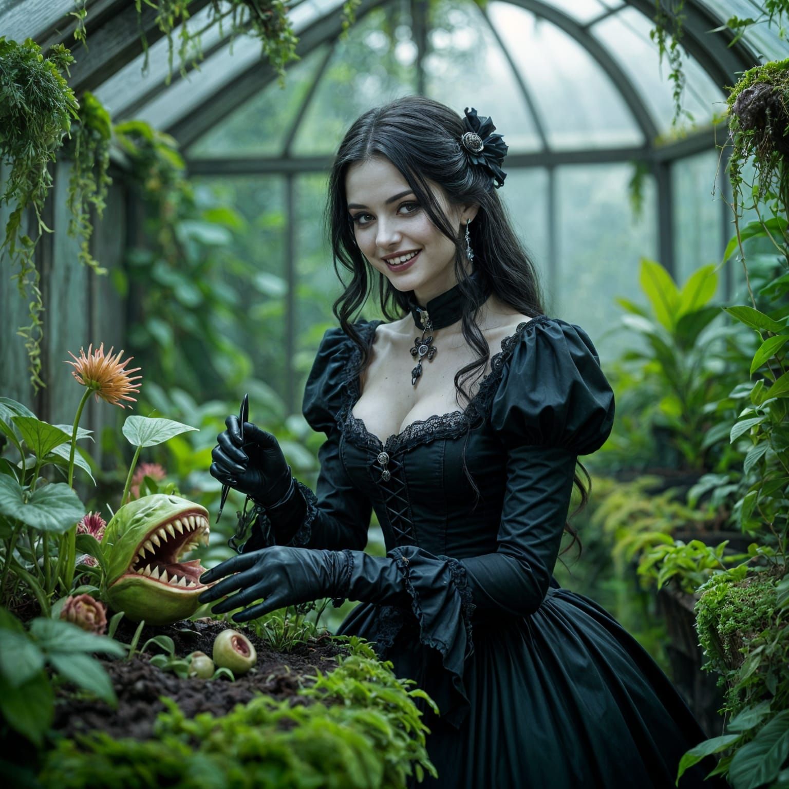Creepy Goth Woman in Magical Greenhouse