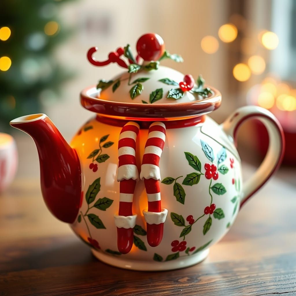 Christmas Teapot with Elf Legs Lid in Children's Book Style