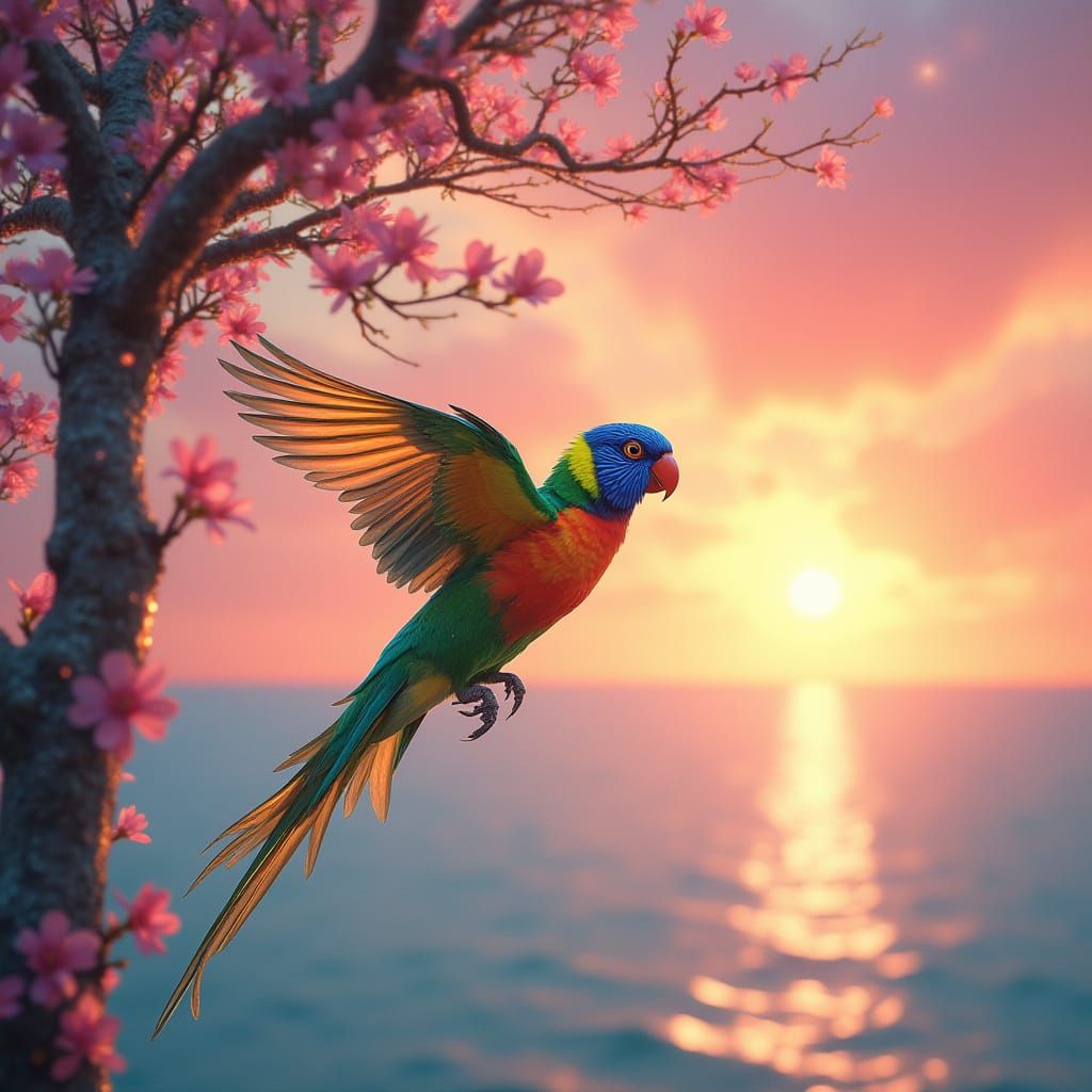 Surreal Lorikeet Unfolds from Crystal Tree in Vibrant Colors