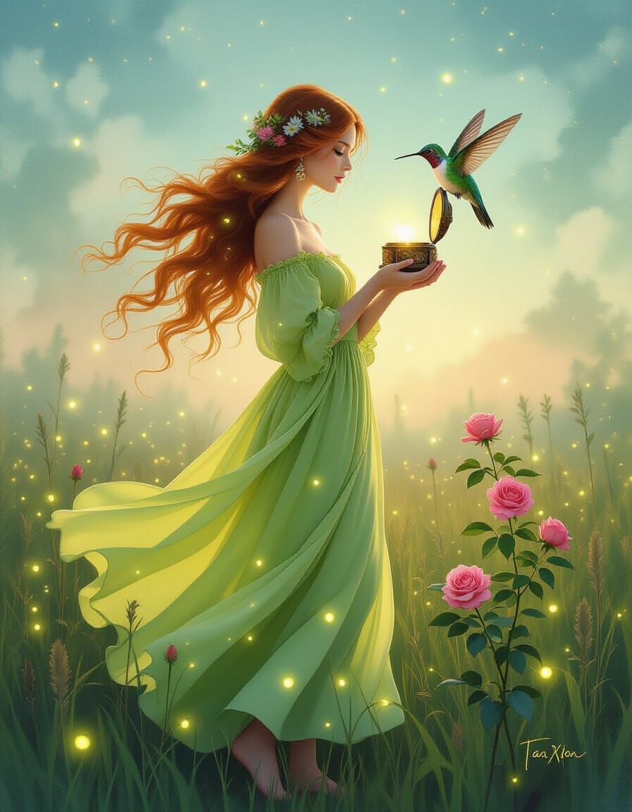 Ethereal Woman with Fireflies and Music Box