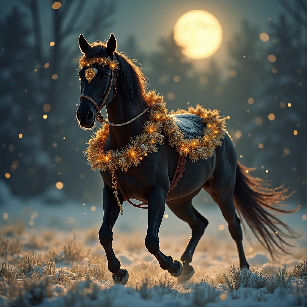 Moonlit Christmas Majesty: A Horse Adorned with Sparkling Ga...