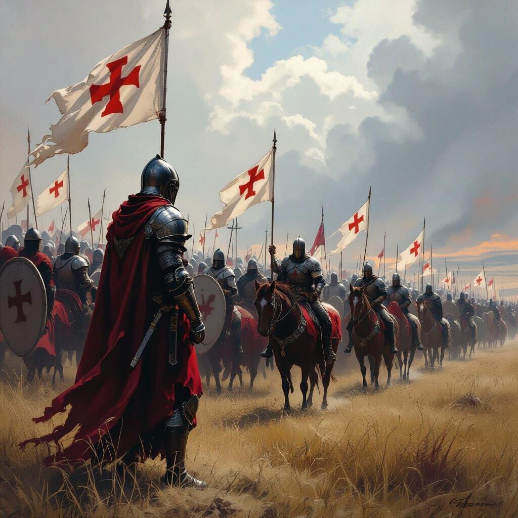 Crusader Army Awaits Battle with Red Cross Banners