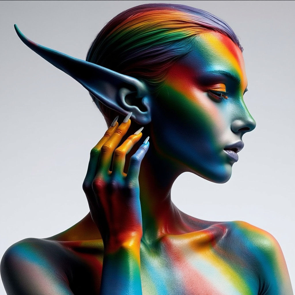 Rainbow Body Art on Elf in Photorealistic Close-up