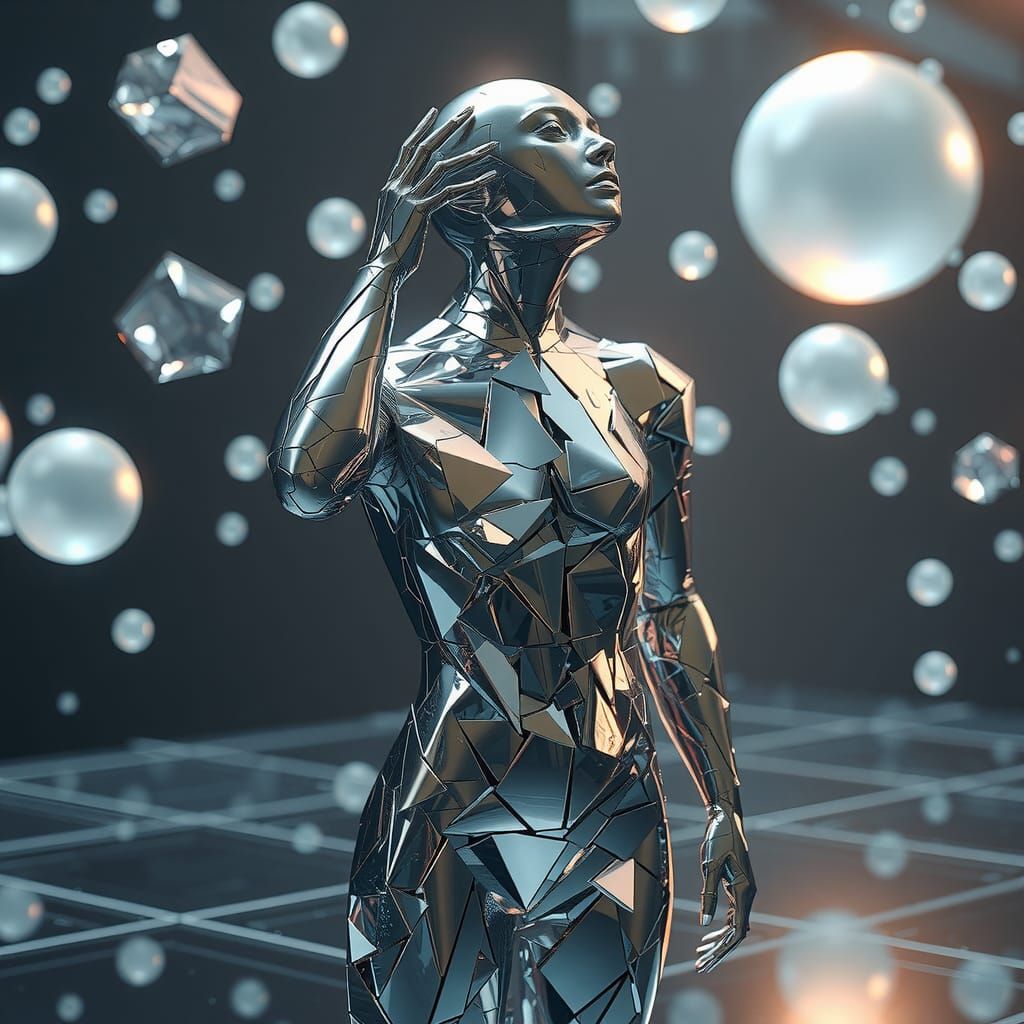 Fragmented Mirror Humanoid with Crystalline Orbs