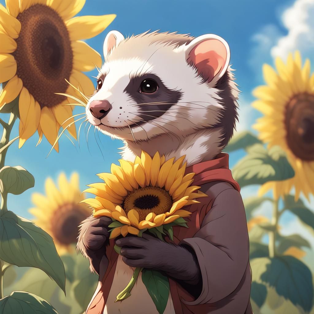 Neapolitan Ferret with Sunflower in Anime Style