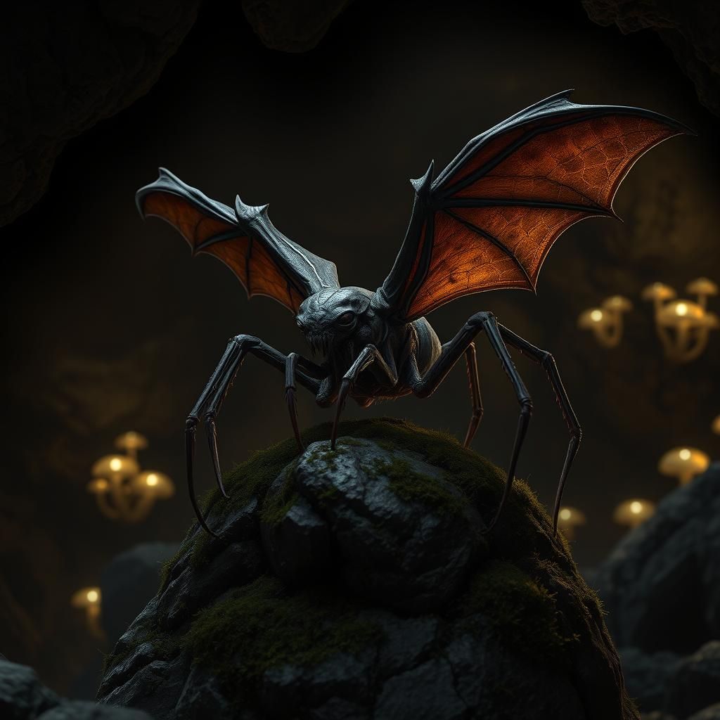 Realistic Spider-Bat Creature in Eerie Cave