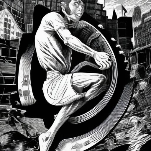 Skateboarder Halfpipe Jump in Linocut Style