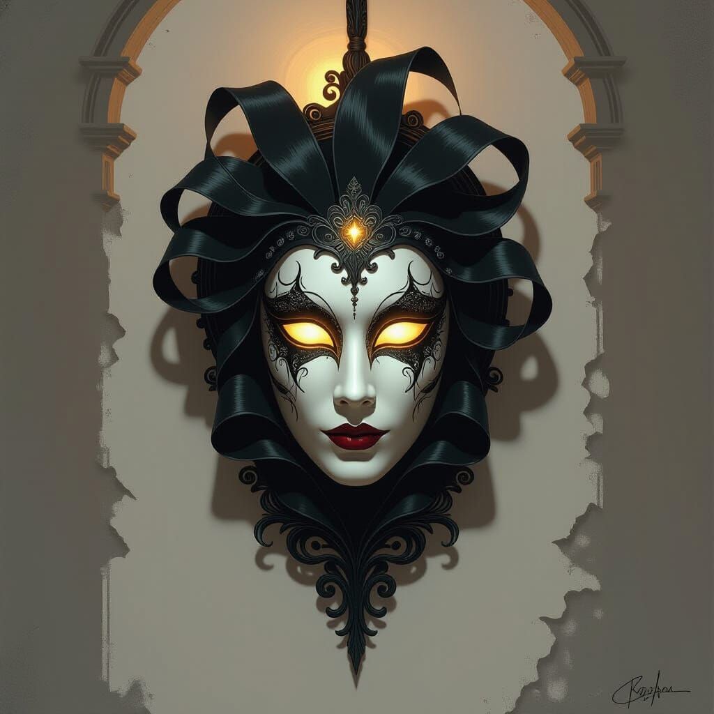 Mystical Venetian Mask Glows in Dark Corridor
