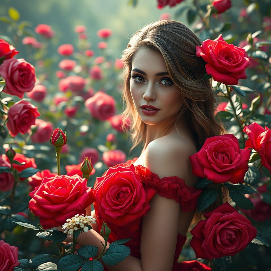 Dreamlike Garden Goddess in Red Rose Dress