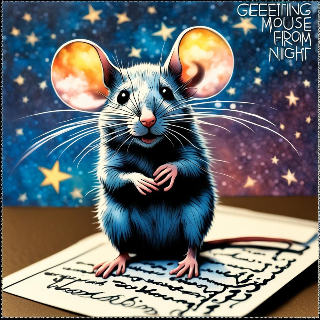 Mouse Postcard Against Starry Night, Hyperrealistic Art