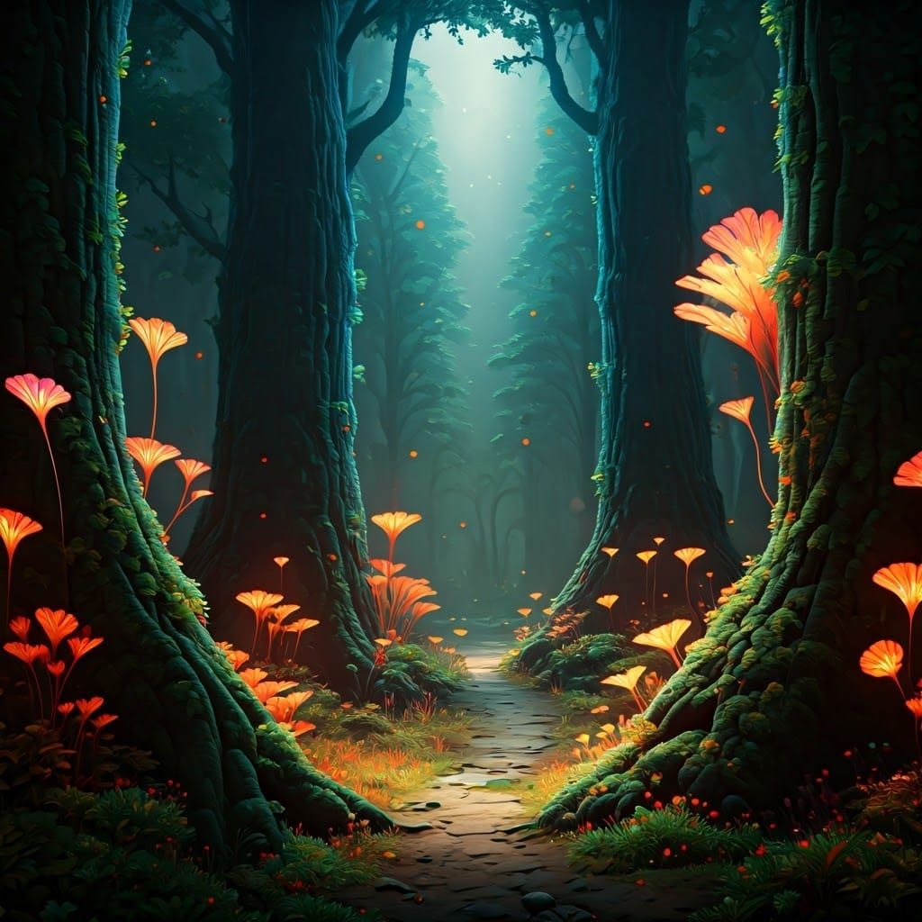 Whimsical Forest Realm in Dreamlike Hues