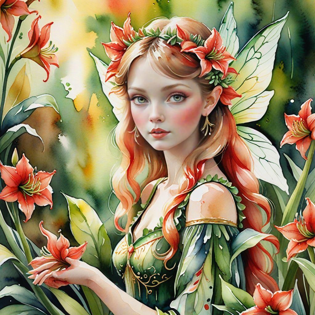 Whimsical Fairy Amidst Amaryllis Blossoms