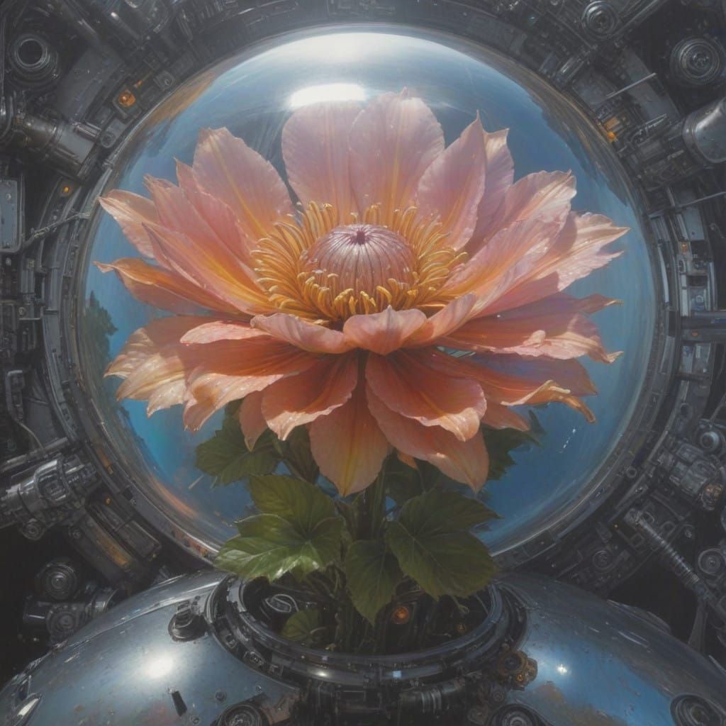 Surreal, Chrome Metallic Floral Alien in Futuristic Space