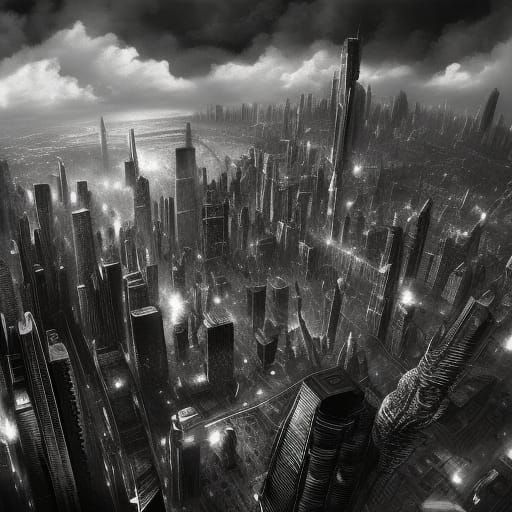 Monochromatic Noir Cityscape: Digital Matte Painting