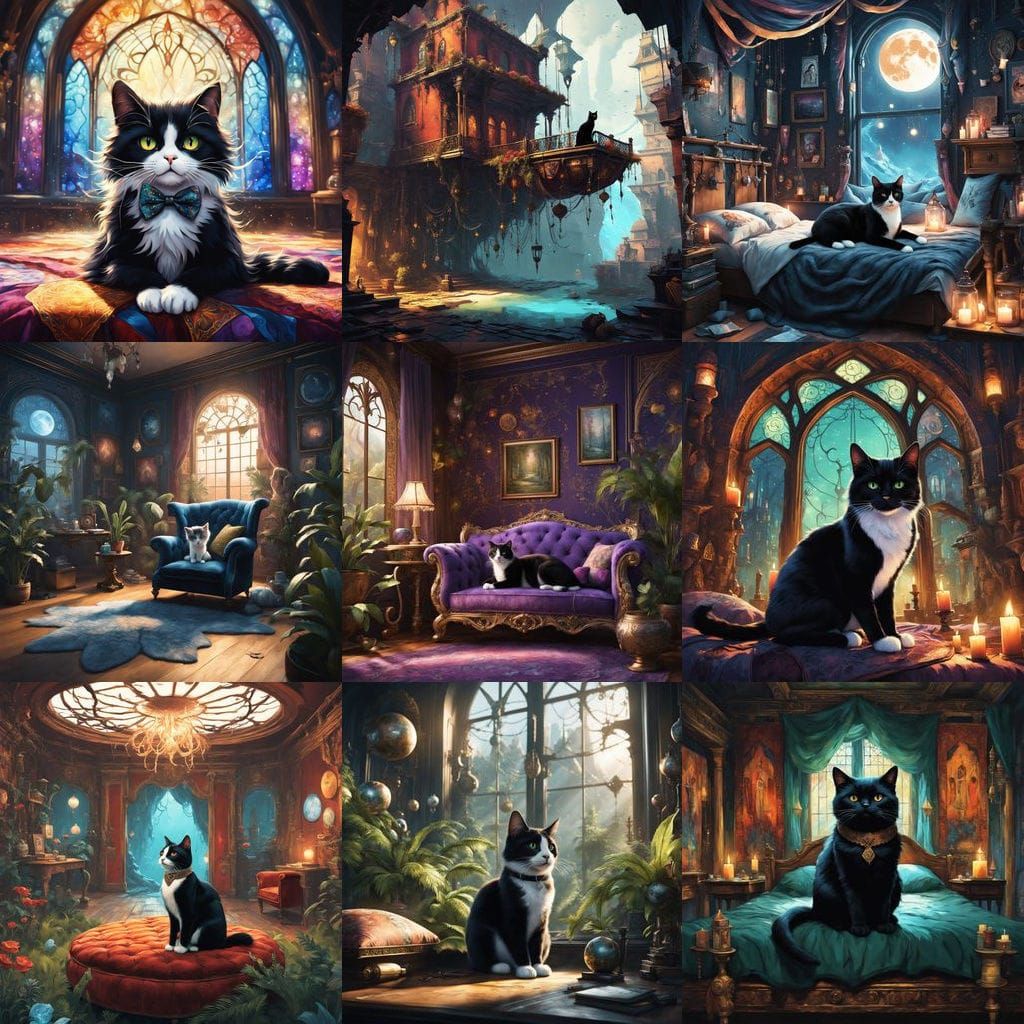 Tuxedo Cat in a Whimsical Bedroom Scene